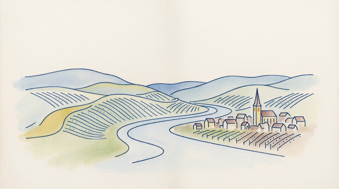 Illustrierte Weinlandschaft von Rheinhessen mit Rhein und Dorf